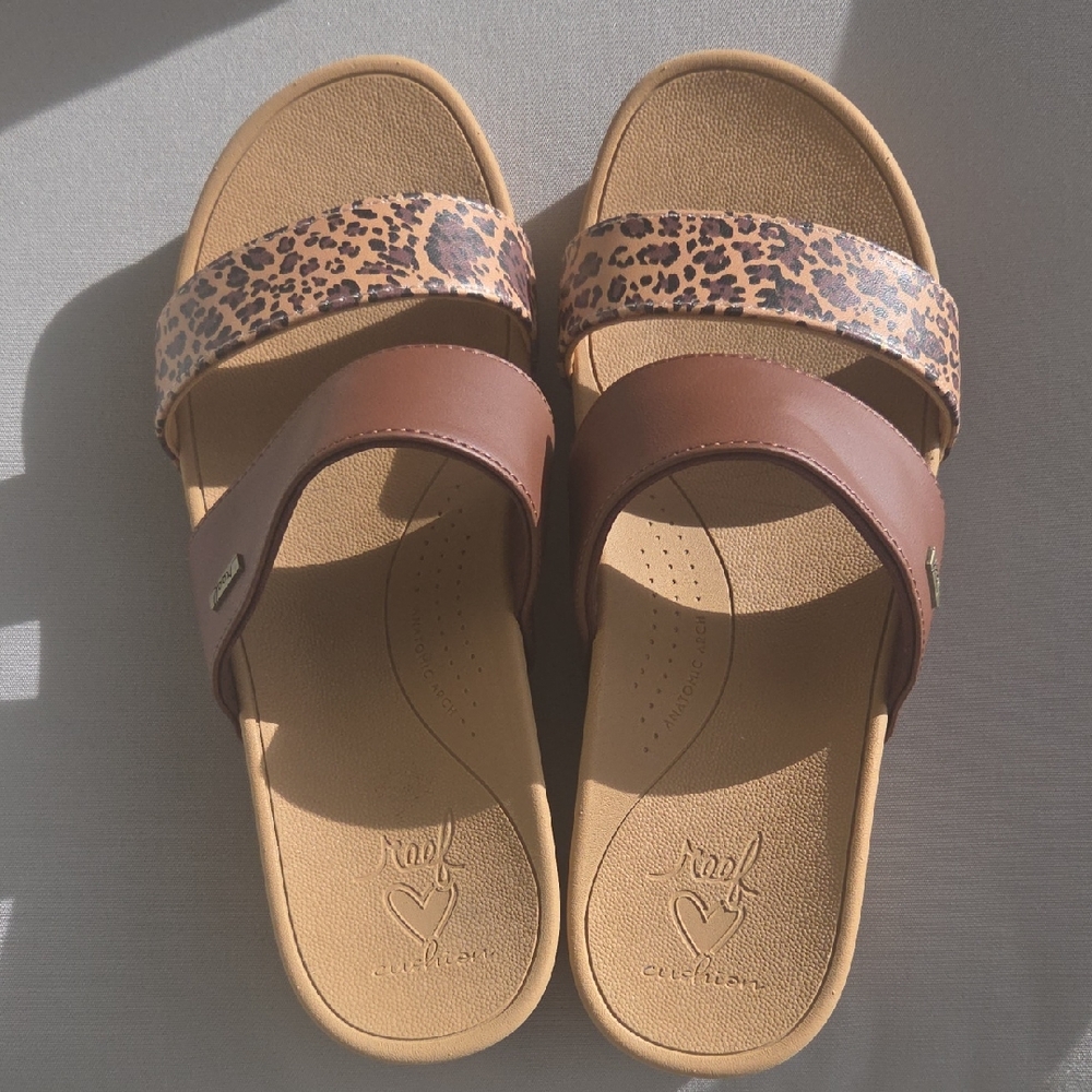 REEF Leopard and Brown Slide Sandals With Wedge Heel